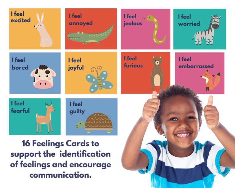 May include: A set of 16 colorful cards featuring animals and the phrase "I feel" followed by an emotion word. The cards are designed to help children identify and express their feelings.