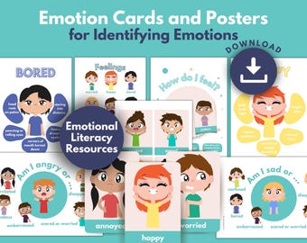 Può includere: Un set di poster e carte stampabili colorati per insegnare ai bambini le emozioni. I poster presentano illustrazioni di bambini con diverse espressioni facciali e descrizioni di come potrebbero sentirsi. Le carte includono frasi come "Come mi sento?" e "Sono arrabbiato o..."