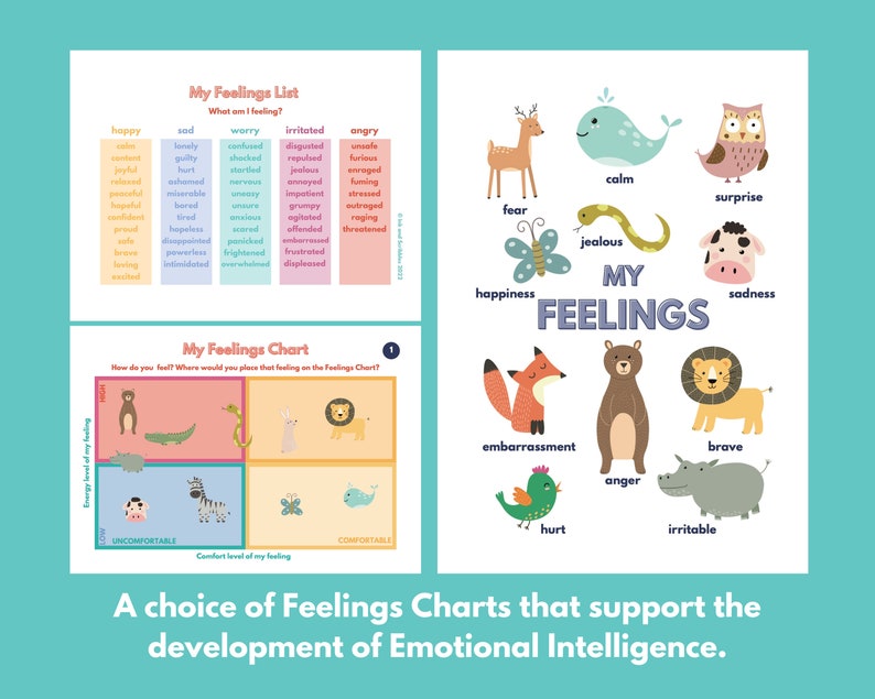 May include: Two colorful charts designed to help children identify and understand their feelings. The first chart lists various emotions, while the second chart uses animals to represent different feelings.