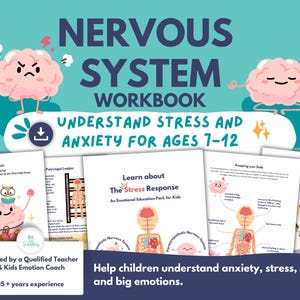 Op de afbeelding: Een zenuwstelselwerkboek voor 7-12 jarigen over stress en angst. De omslag toont cartoonhersenen, één boos en één mediterend, met tekst waaronder Learn about The Stress Response en Polyvagal Ladder, naast educatieve pagina's over emoties.