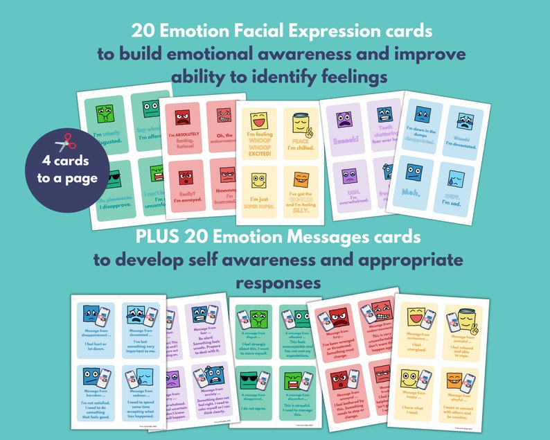 Puede incluir: Un conjunto de 40 tarjetas coloridas dise&ntilde;adas para ayudar a desarrollar la conciencia emocional y mejorar la capacidad de identificar los sentimientos. Las tarjetas presentan caras de dibujos animados que expresan diferentes emociones y mensajes sobre c&oacute;mo responder a esas emociones. Las tarjetas est&aacute;n dispuestas en dos filas de cuatro tarjetas cada una, con el texto "4 tarjetas por p&aacute;gina" en la esquina superior izquierda.