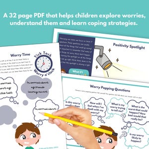May include: A printable worksheet with a cartoon character and thought bubbles that say "I'm worried about my math test", "I'm worried about my friends leaving me out", and "I'm worried about..." The worksheet is titled "Worry Time" and has a clock with the words "Tick Tock Worry o'clock".