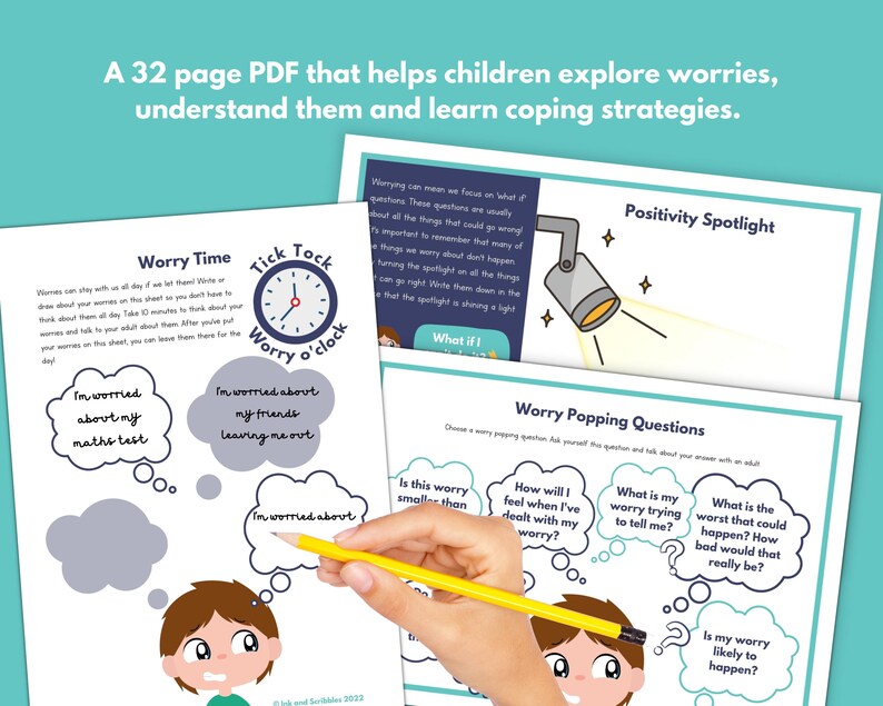 May include: A printable worksheet with a cartoon character and thought bubbles that say "I'm worried about my math test", "I'm worried about my friends leaving me out", and "I'm worried about..." The worksheet is titled "Worry Time" and has a clock with the words "Tick Tock Worry o'clock".