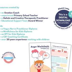 May include: A printable pack of anger worksheets for children ages 5-12. The worksheets feature a cartoon boy with a thought bubble showing a brain. The text "Anger Worksheets Printable Pack for 5-12 year olds" is visible. The worksheets are designed to help children learn about anger and how to stay safe when they are feeling angry.