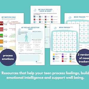 Puede incluir: Un conjunto de hojas de trabajo imprimibles dise&ntilde;adas para ayudar a los adolescentes a procesar las emociones y desarrollar la inteligencia emocional. Las hojas de trabajo incluyen una escala de emociones, una hoja de reflexi&oacute;n sobre los sentimientos y dos versiones de un rastreador de estado de &aacute;nimo.