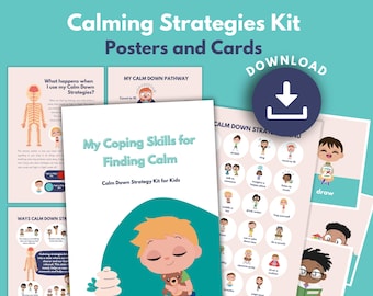 May include: A printable download for a calming strategies kit for kids. The kit includes posters and cards with coping skills for finding calm. The cover features a cartoon boy holding a teddy bear. The text on the cover reads "My Coping Skills for Finding Calm, Calm Down Strategy Kit for Kids."