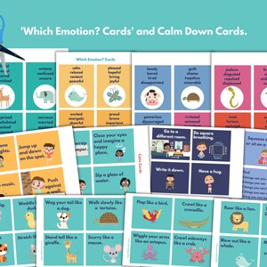May include: A set of printable cards for children featuring colorful illustrations and text. The cards are divided into two categories: 'Which Emotion?' and 'Calm Down'. The 'Which Emotion?' cards feature various emotions, such as happy, sad, angry, and scared. The 'Calm Down' cards feature calming activities, such as taking deep breaths, listening to music, and going for a walk.