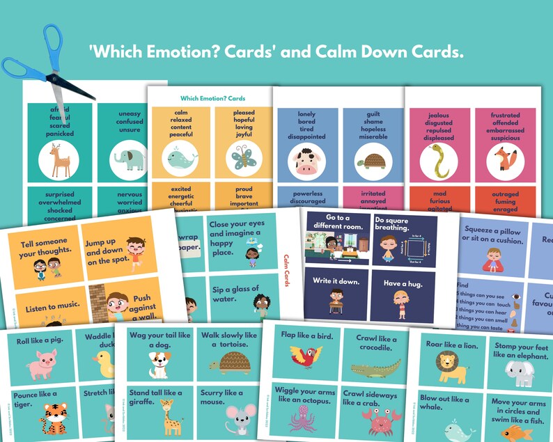 May include: A set of printable cards for children featuring colorful illustrations and text. The cards are divided into two categories: 'Which Emotion?' and 'Calm Down'. The 'Which Emotion?' cards feature various emotions, such as happy, sad, angry, and scared. The 'Calm Down' cards feature calming activities, such as taking deep breaths, listening to music, and going for a walk.