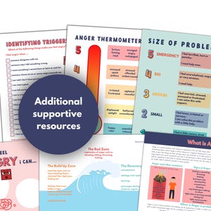 May include: A set of printable worksheets for managing anger. The worksheets include a thermometer to track anger levels, a chart to identify triggers, and a guide to coping mechanisms. The worksheets are colorful and feature illustrations of waves and a volcano.