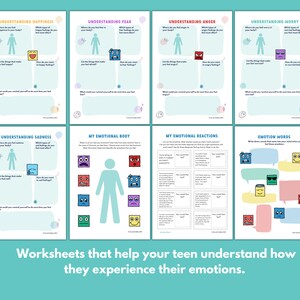Puede incluir: Un conjunto de hojas de trabajo imprimibles dise&ntilde;adas para ayudar a los adolescentes a comprender y gestionar sus emociones. Las hojas de trabajo presentan ilustraciones coloridas de caras de dibujos animados y diagramas corporales, con indicaciones para la autorreflexi&oacute;n y la exploraci&oacute;n de los sentimientos.