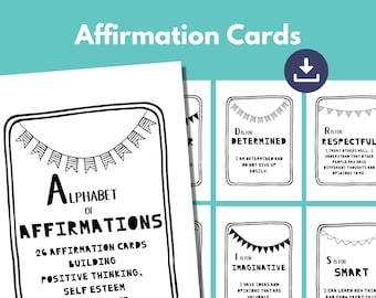 Teenager Positive Affirmation PRINTABLE | Self Esteem Encouragement Black and White Cards | DOWNLOAD Alphabet of Affirmation | Mental Health