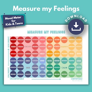 May include: A colorful chart titled "Measure My Feelings" with a grid of circles containing words describing different emotions. The chart is divided into four quadrants: "High Energy", "Low Energy", "Comfortable", and "Uncomfortable".