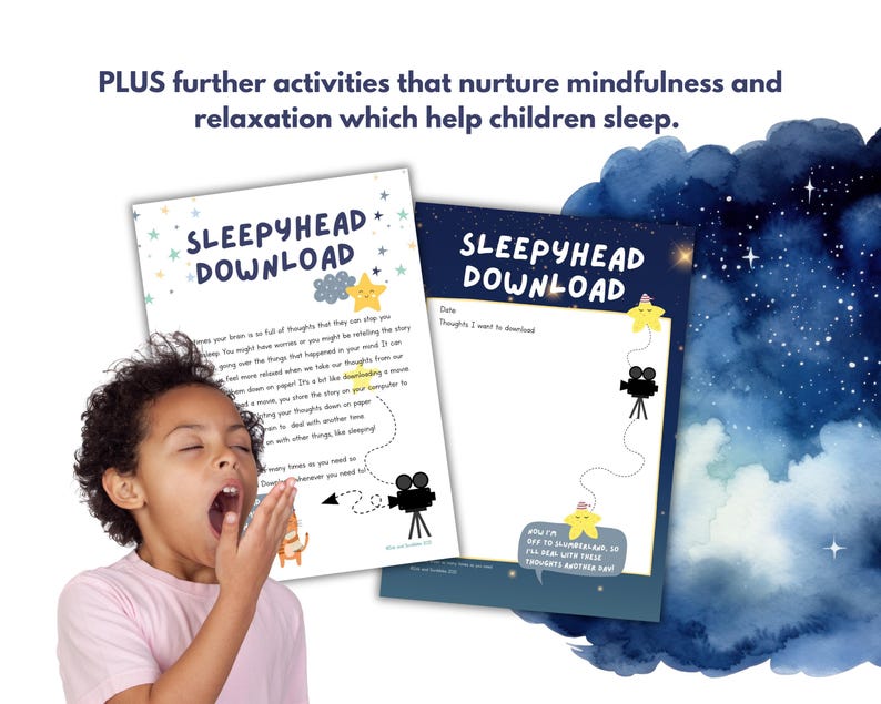 May include: Two printable pages titled "Sleepyhead Download" with a starry night theme. One page has text about thoughts and sleep, the other has a fill-in-the-blank section. A child yawns in the foreground.