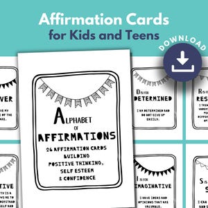 Afirmaciones positivas para adolescentes IMPRIMIBLES / Tarjetas en blanco y negro para estimular la autoestima / DESCARGAR Alfabeto de afirmaciones / Salud mental