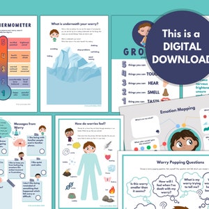 May include: A set of printable worksheets for children to help them understand and manage worry. The worksheets feature colorful illustrations and activities such as a worry thermometer, emotion mapping, and worry popping questions.