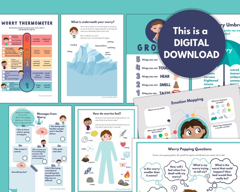 May include: A set of printable worksheets for children to help them understand and manage worry. The worksheets feature colorful illustrations and activities such as a worry thermometer, emotion mapping, and worry popping questions.
