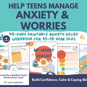Teen anxiety workbook printable with coping skills activities and CBT-inspired worksheets to help teenagers manage anxiety, worries, stress, and build emotional resilience and confidence.