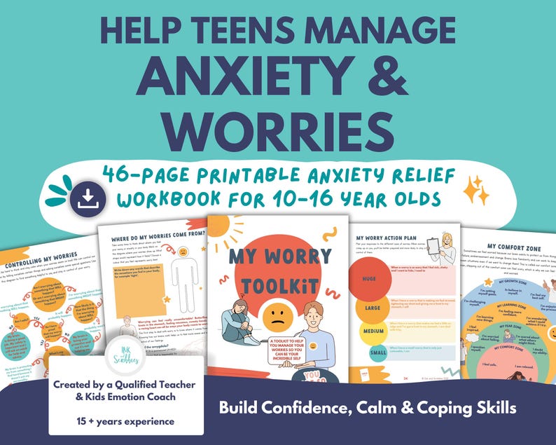 Teen anxiety workbook printable with coping skills activities and CBT-inspired worksheets to help teenagers manage anxiety, worries, stress, and build emotional resilience and confidence.