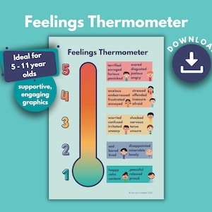 Op de afbeelding: Een kleurrijk gevoelthermometerdiagram met een thermometergrafiek en vijf niveaus van emoties. Elk niveau heeft een andere kleur en bevat een cartoongezicht en woorden die de emotie beschrijven. Het diagram is ideaal om kinderen te helpen hun gevoelens te identificeren en te begrijpen.