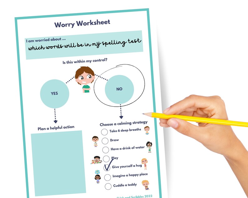May include: A printable worksheet for children to help them manage worry. The worksheet features a cartoon character and a flow chart with the question "Is this within my control?" and options for "Yes" and "No". The worksheet also includes a list of calming strategies, such as "Take 6 deep breaths", "Draw", "Have a drink of water", "Play", "Give yourself a hug", "Imagine a happy place", and "Cuddle a teddy".