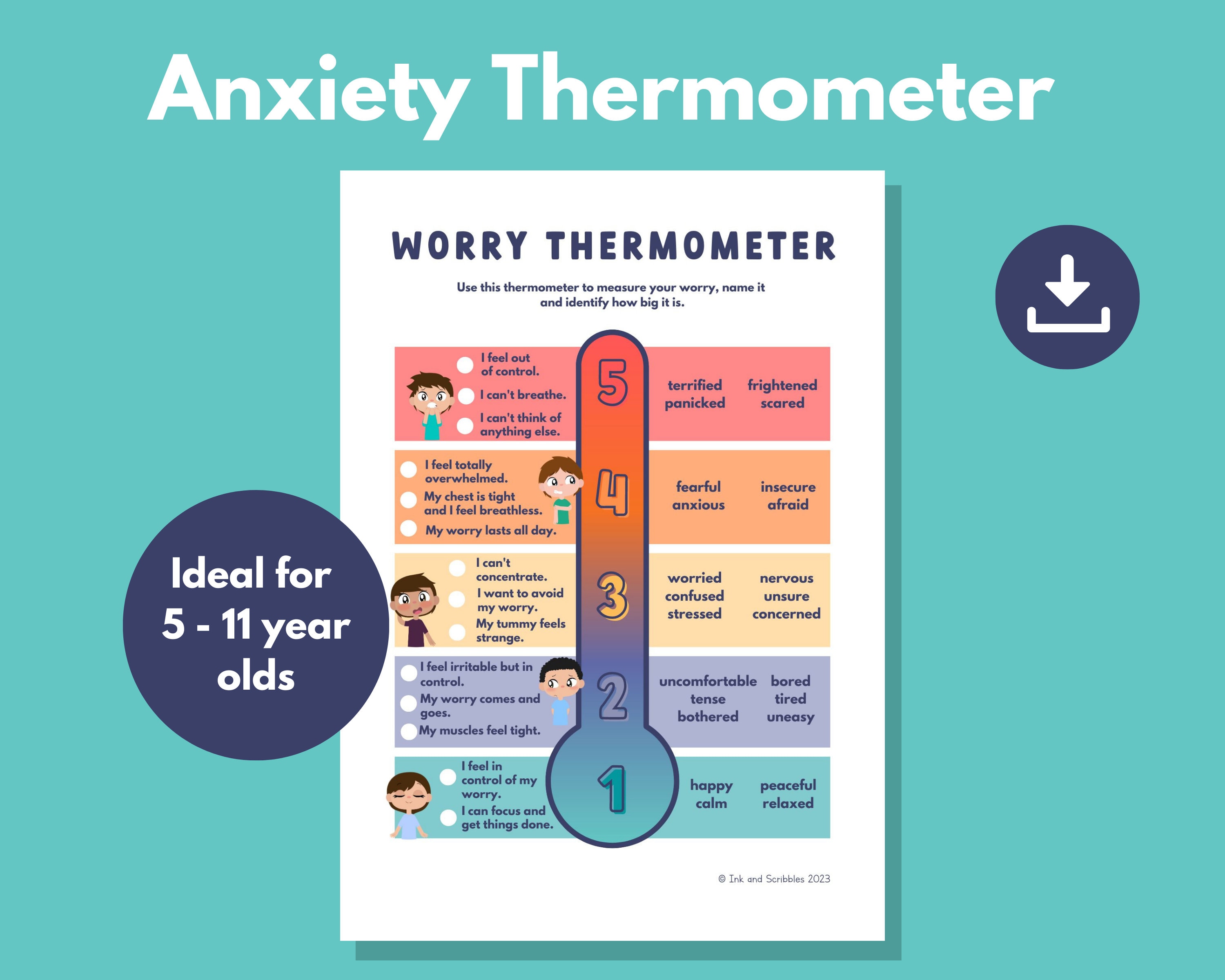 Anxiety Thermometer PRINTABLE for Kids Worry 5 Point Scale to Identify