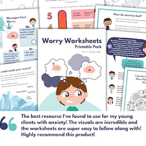 May include: A printable pack of worksheets for children ages 5-12 to help them understand and manage worry. The worksheets feature colorful illustrations and activities, including a thermometer to rate worry levels, a thought bubble with a brain character, and a fish swimming through water.