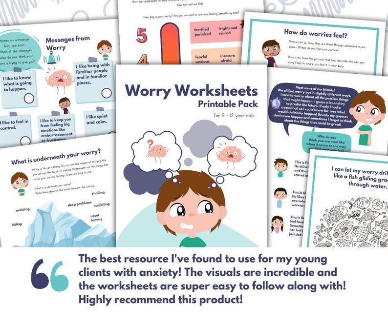 May include: A printable pack of worksheets for children ages 5-12 to help them understand and manage worry. The worksheets feature colorful illustrations and activities, including a thermometer to rate worry levels, a thought bubble with a brain character, and a fish swimming through water.