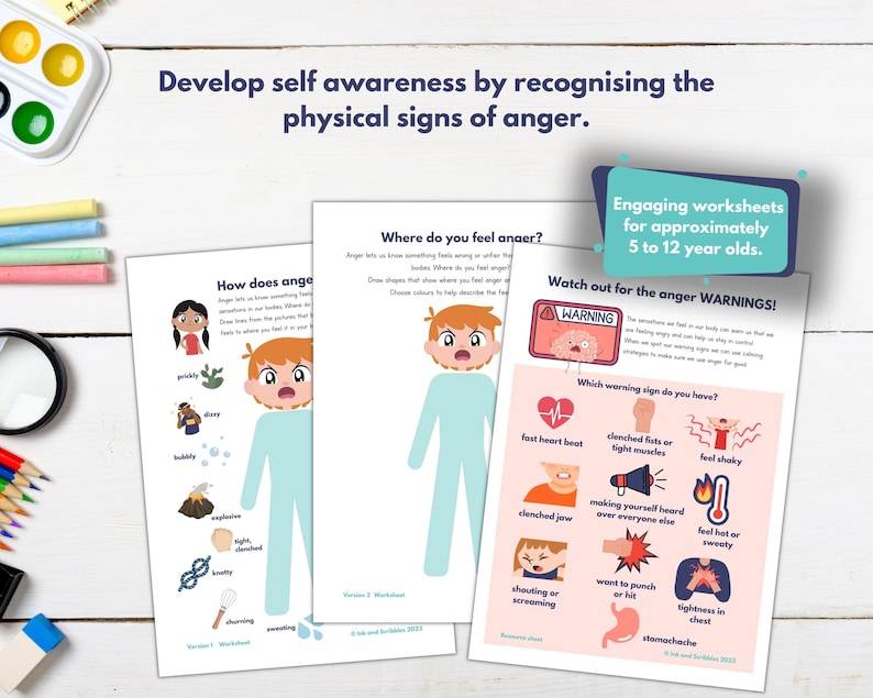 Printable PDF anger resource pack for kids, featuring mindfulness techniques, coping tools and emotional triggers worksheets.