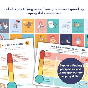 May include: A printable worksheet with a thermometer-like scale showing different levels of worry, from "calm, relaxed" to "terrified, panicky, afraid".  The worksheet also includes a grid with coping skills for each level of worry, such as "take a nap", "write an action plan", and "breathe deeply 10 times".  The text "How Big Is My Worry?" and "How Big Is My Worry Record Sheet" is included on the worksheet.