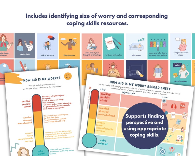 May include: A printable worksheet with a thermometer-like scale showing different levels of worry, from "calm, relaxed" to "terrified, panicky, afraid".  The worksheet also includes a grid with coping skills for each level of worry, such as "take a nap", "write an action plan", and "breathe deeply 10 times".  The text "How Big Is My Worry?" and "How Big Is My Worry Record Sheet" is included on the worksheet.