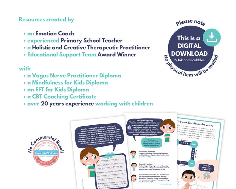 Printable worry worksheets for kids. A selection of included sheets are displayed including anxiety iceberg, worry scale, worry bubble and identifying what worry or anxiety are telling you. Text on image states there are 32 pages in the download.