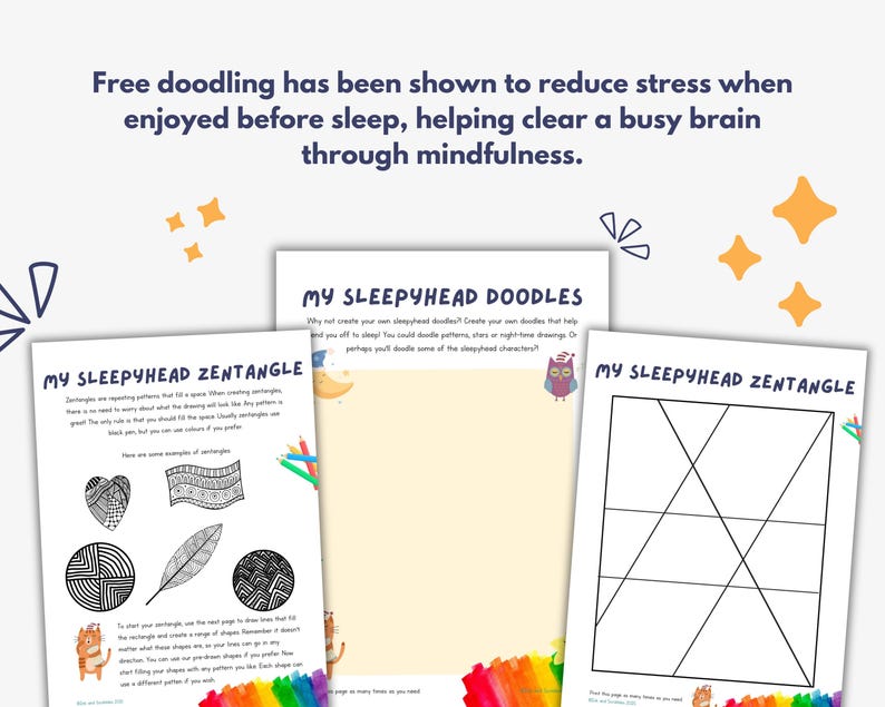 May include: Three pages of a "My Sleepyhead Doodles" activity book are displayed. The pages include examples of Zentangles, blank pages for doodling, and text about reducing stress through mindfulness. The pages are decorated with colorful illustrations and text.