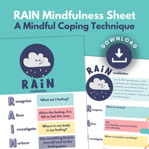 RAIN Mindful Coping Technique Poster for Kids | PRINTABLE Anxiety Relief Coping Strategy | Children's Mental Health Download