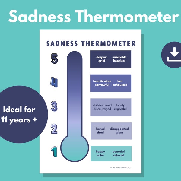 Sadness Emotion Thermometer PRINTABLE for Kids and Teens | Feeling Scale Poster to Identify Low Mood Feelings | Teen Grief | DOWNLOAD