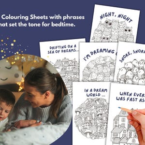 May include: Six coloring sheets with bedtime phrases. The sheets feature illustrations of owls, buildings, and mushrooms. A person is holding a pencil, coloring a house illustration. The text on the sheets includes "Night, Night" and "Drifting on a Sea of Dreams..."