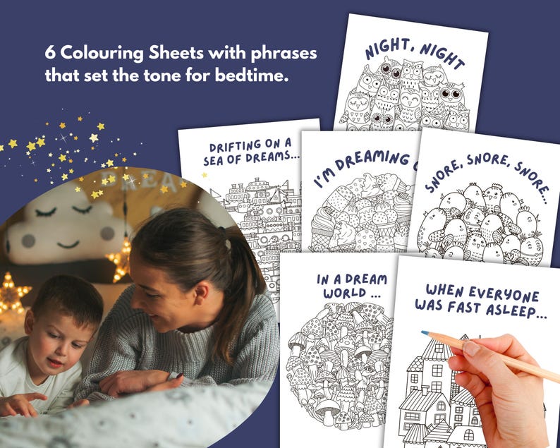 May include: Six coloring sheets with bedtime phrases. The sheets feature illustrations of owls, buildings, and mushrooms. A person is holding a pencil, coloring a house illustration. The text on the sheets includes "Night, Night" and "Drifting on a Sea of Dreams..."