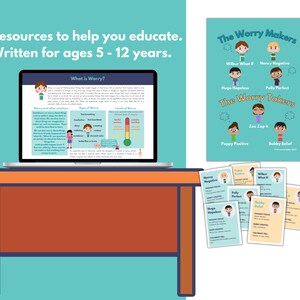 May include: A laptop computer with a blue screen displaying a worksheet about worry. The worksheet includes a title, "What is Worry?" and sections on "Worry and other common emotions", "Signs of Worry", and "Levels of Worry". The laptop is on a wooden table. There are also several colorful cards with cartoon characters and text. The cards are titled "The Worry Makers" and "The Worry Takers".
