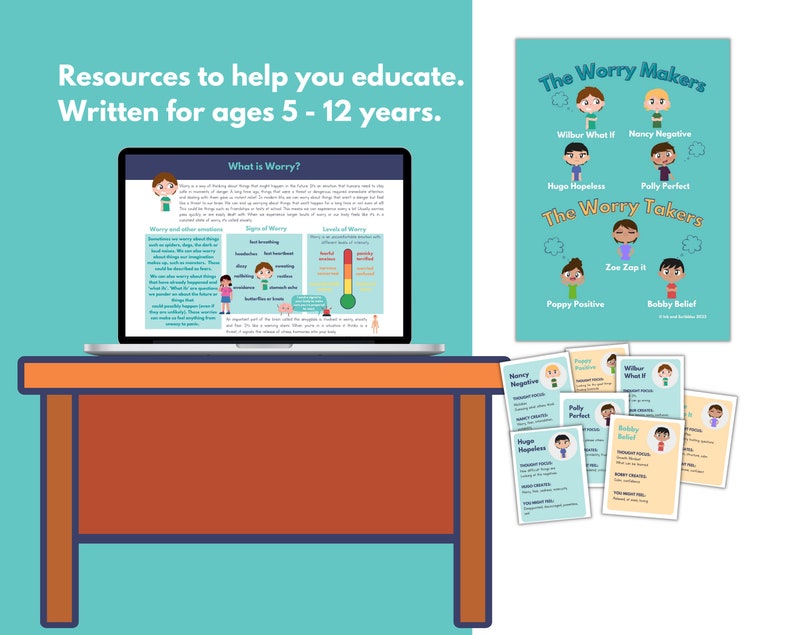 May include: A laptop computer with a blue screen displaying a worksheet about worry. The worksheet includes a title, "What is Worry?" and sections on "Worry and other common emotions", "Signs of Worry", and "Levels of Worry". The laptop is on a wooden table. There are also several colorful cards with cartoon characters and text. The cards are titled "The Worry Makers" and "The Worry Takers".