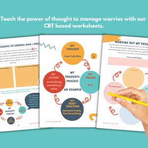 May include: A set of printable worksheets for managing worries using Cognitive Behavioral Therapy (CBT). The worksheets feature colorful circles with arrows and text that reads "My Thought", "My Thoughts Process", "My Action", "My Body Reaction", and "My Feeling".