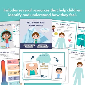 May include: A set of printable worksheets for children to help them identify and understand their feelings. The worksheets feature colorful illustrations and activities, including a worry iceberg, an emotion mapping chart, and a worry umbrella.