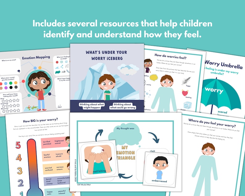May include: A set of printable worksheets for children to help them identify and understand their feelings. The worksheets feature colorful illustrations and activities, including a worry iceberg, an emotion mapping chart, and a worry umbrella.