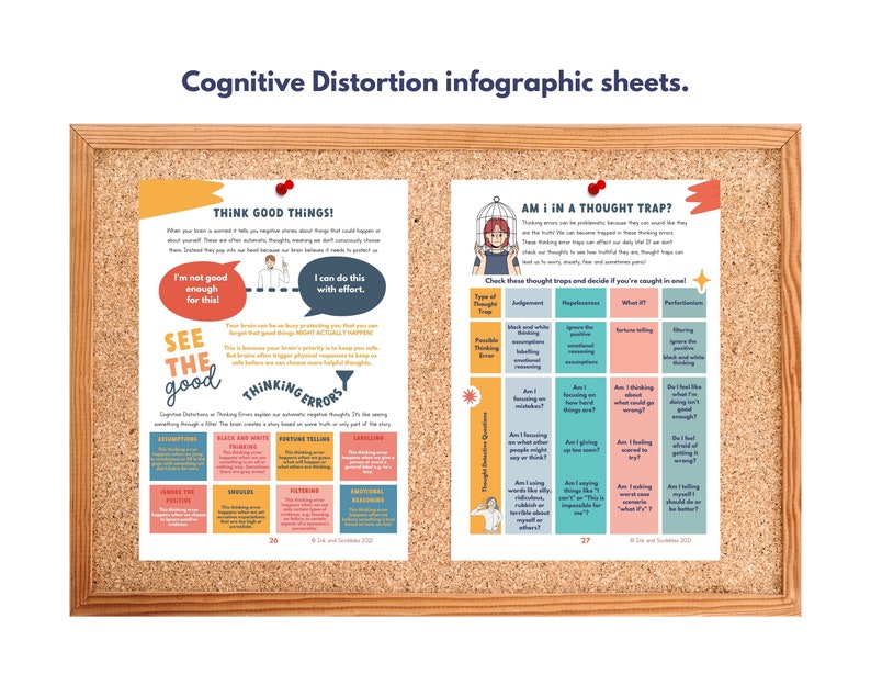 May include: Two infographic sheets on a corkboard with the title "Cognitive Distortion infographic sheets." The first sheet is titled "Think Good Things!" and features a cartoon character with a thought bubble that says "I can do this with effort." The second sheet is titled "Am I in a Thought Trap?" and features a cartoon character in a birdcage. Both sheets contain text and illustrations related to cognitive distortions and thought traps.