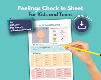 May include: A printable feelings check-in sheet for kids and teens. The sheet includes a cartoon face, a body diagram, and a list of feelings words. The sheet is available in A4, US Letter, and PDF formats, and in four skin tones.