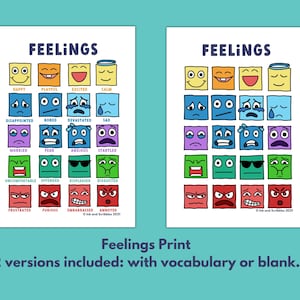 Puede incluir: Dos tablas imprimibles con cuadrados coloridos que muestran diferentes expresiones faciales. Cada cuadrado tiene una palabra que describe la emoci&oacute;n, como "feliz", "triste", "preocupado", "molesto" y "asqueado". Las tablas se titulan "Sentimientos".
