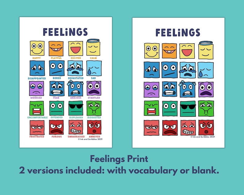 Puede incluir: Dos tablas imprimibles con cuadrados coloridos que muestran diferentes expresiones faciales. Cada cuadrado tiene una palabra que describe la emoci&oacute;n, como "feliz", "triste", "preocupado", "molesto" y "asqueado". Las tablas se titulan "Sentimientos".