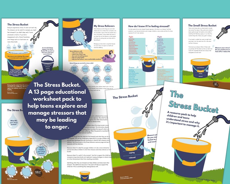 May include: A set of 13 printable worksheets for teens to help them understand and manage stress. The worksheets use a bucket analogy to represent stress and coping mechanisms. The worksheets are colorful and feature illustrations of buckets, water, and other stress-related imagery.