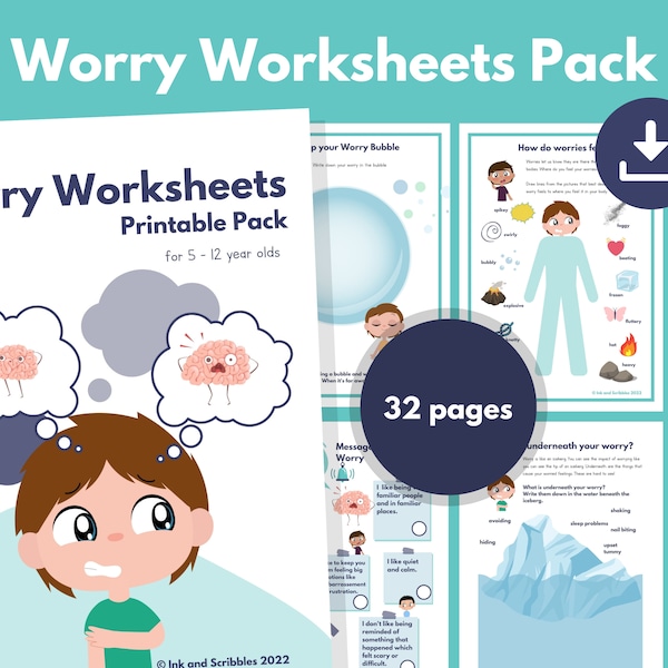 Anxiety Worksheets for Kids | Children's Worry PRINTABLE Resource Pack | Coping Skills, CBT, Social Emotional Learning, Therapy Tools, PDF