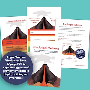 May include: A 19-page PDF worksheet pack titled "Anger Volcano" to help explore triggers and primary emotions in depth, building self-awareness. The worksheet uses a volcano metaphor to illustrate different levels of anger and how to manage it.