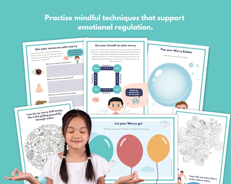 May include: A set of printable worksheets for children to help them learn mindfulness techniques for emotional regulation. The worksheets feature colorful illustrations and activities such as breathing exercises, sensory awareness, and worry bubbles.