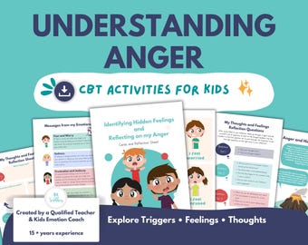 Può includere: Un set di schede didattiche intitolato Understanding Anger CBT Activities for Kids. Le pagine presentano personaggi dei cartoni animati colorati, domande di riflessione e testo sull'identificazione di sentimenti e pensieri.